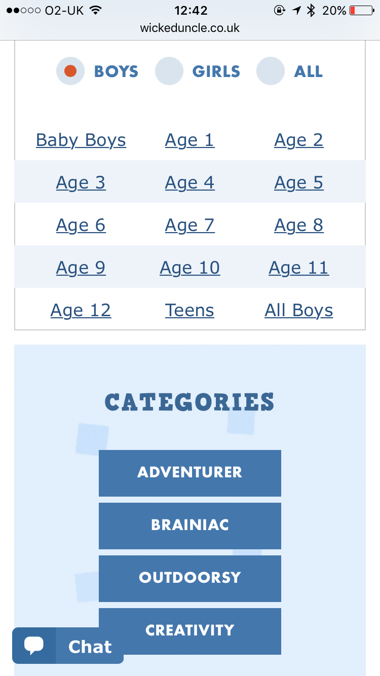 Wicked Uncle website screenshot showing categories you can search on for example ages or adventurer. Wicked Uncle reviews. 