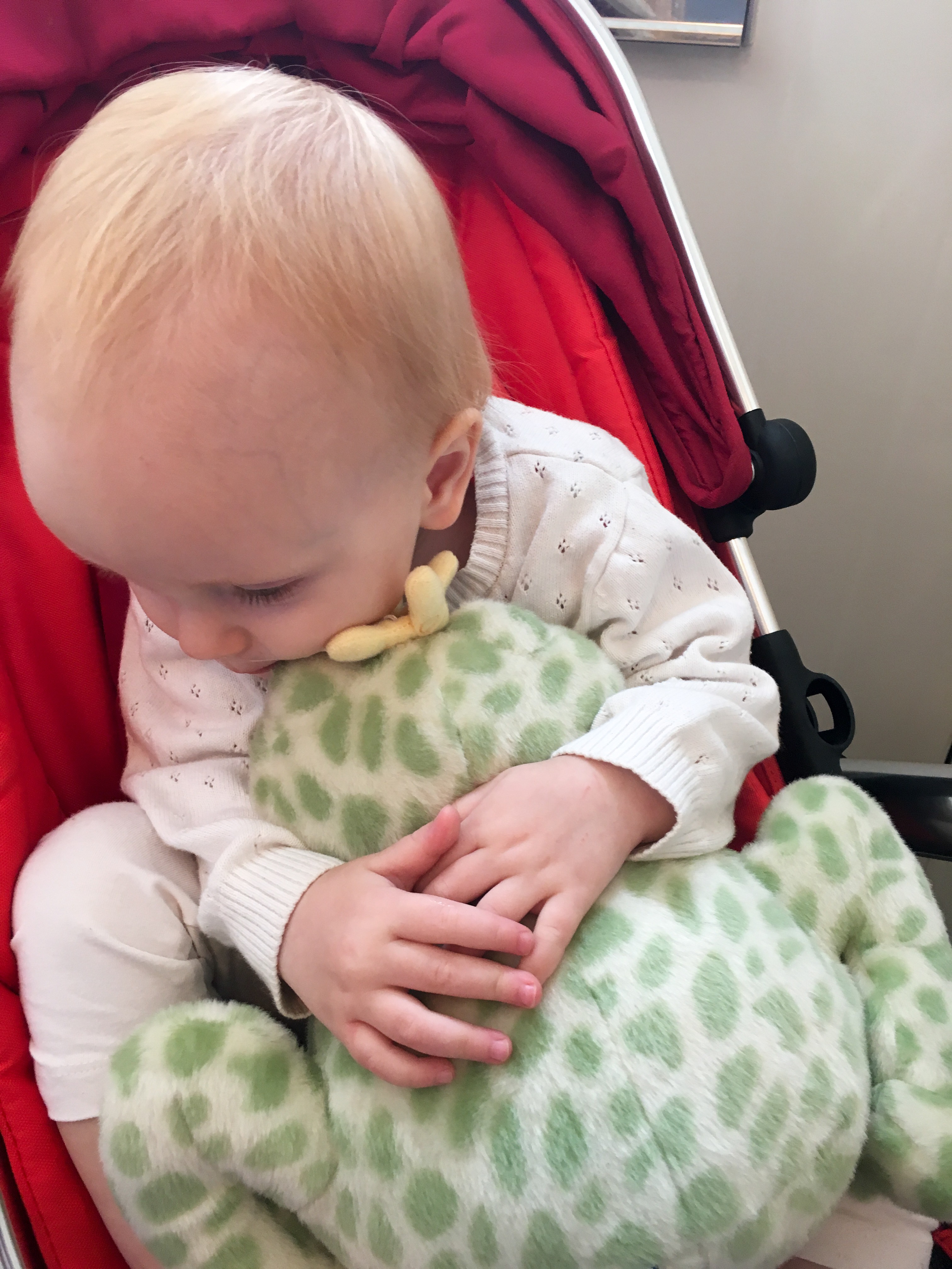 A baby girl in a buggy hugging a frog plush. Wicked Uncle reviews.  