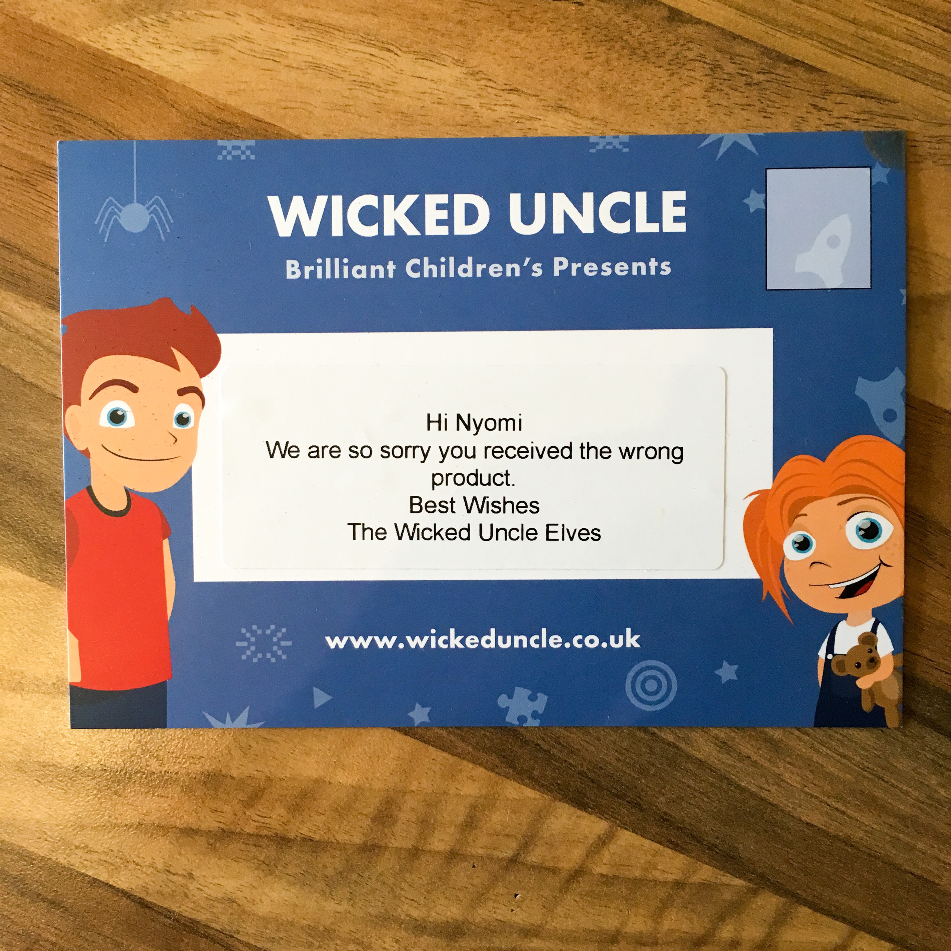An apology note from Wicked Uncle. 